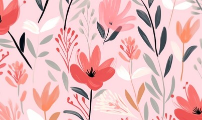 Hand drawn cute pink artistic flowers print. Modern botanical pattern. Fashionable template for design, Generative AI - obrazy, fototapety, plakaty