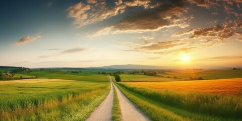Beautiful summer rural landscape, Panorama of summer green field with Empty road and Sunset cloudy sky, Generative AI