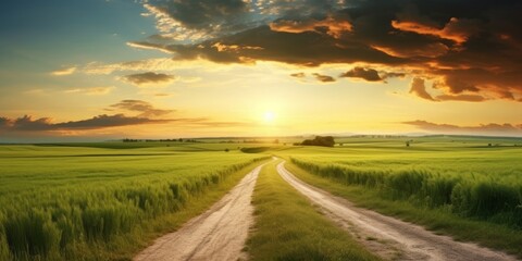 Beautiful summer rural landscape, Panorama of summer green field with Empty road and Sunset cloudy sky, Generative AI - obrazy, fototapety, plakaty