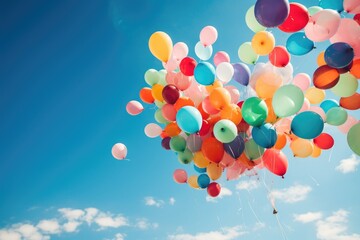 Fototapeta premium Colorful balloons flying in the blue sky. Vintage filter effect, A colorful bunch of balloons floating in the air, AI Generated