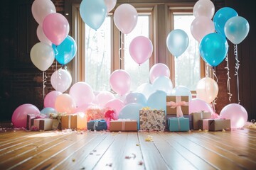 Colorful balloons and gift boxes on the wooden floor in the room, a colorful gender reveal celebration with balloons and presents on a wooden floor, AI Generated
