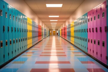 3d render of a school corridor with lockers in blue and pink, A colorful school hallway with lockers captured at dawn before school starts, AI Generated
