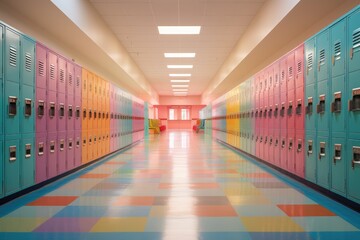 Row of colorful lockers in a school corridor. 3D rendering, A colorful school hallway with lockers captured at dawn before school starts, AI Generated