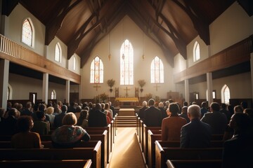 Religious people in the church. Rear view of unrecognizable people, A congregation sharing the peace of Christ during a church service, AI Generated