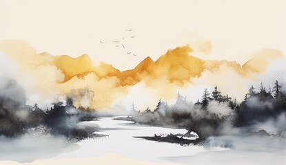 Golden mountains in the distance, forest, sunlight. Traditional oriental ink painting. Ink artwork, landscape, watercolor, Generative AI