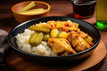  asian food chicken fried with sauce and rice served on plate