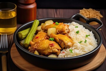  asian food chicken fried with sauce and rice served on plate