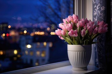 Vase with beautiful flowers on windowsill in room. Evening city window view