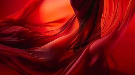 closeup of a beautiful woman's body covered with red satin fabric. Made of flowing silk, inside of the body, translucent, smooth, beautiful - obrazy, fototapety, plakaty