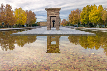 View of the ancient Egyptian Temple of Debod, in Madrid (Spain), during a cold autumn day.