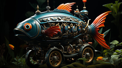 Steampunk Aquatic Explorer: Fish-Shaped Mechanical Contraption on Wheels Amidst Foliage