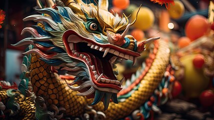 Close-up shots of the dragon engaging in specific Lunar New Year rituals, highlighting cultural traditions associated with the mythical creature