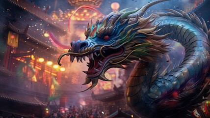 Scenes of dragons participating in various global festivals, showcasing the mythical creatures as symbols of unity and celebration in 2024 - obrazy, fototapety, plakaty