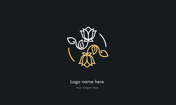 Ornament abstract logo design vectors , organic cosmetic, floral illustration in simple linear hand drawn style, plants and flowers, for hand crafted business, 