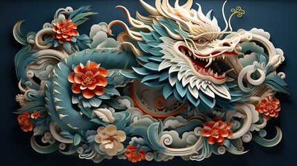 Fototapeta premium Happy Chinese New Year 2024, dragon, mystery character, zodiac with blossom flowers on color background. Gold style.