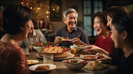 Happy, cheerful Asian people, one family sitting around same party table celebrating Lunar New Year. - obrazy, fototapety, plakaty