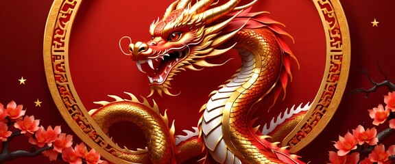 Fototapeta premium Banner, flyer. Red dragon in golden circle surrounded flowers. Beautiful and auspicious representation of Chinese culture and Lunar New Year.