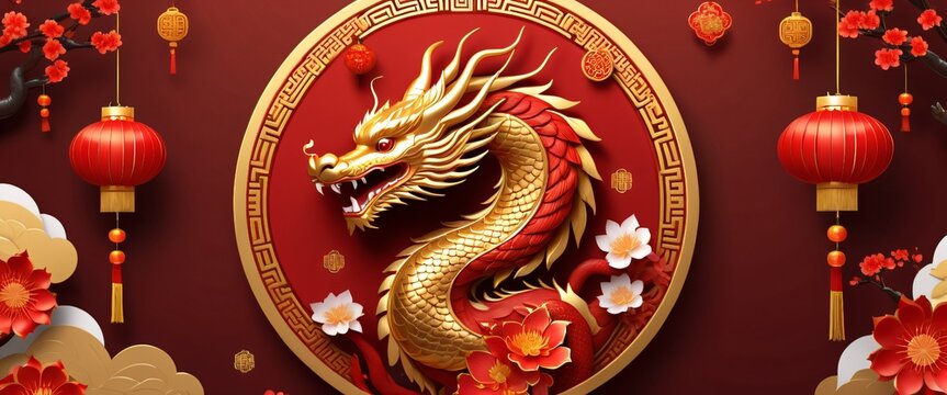 Banner, flyer. Golden dragon surrounded by red lanterns and traditional Chinese characters. Beautiful and auspicious representation of Lunar New Year.