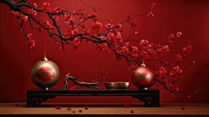 Cherry blossom tree with red flowers and lanterns, traditional Chinese decorations with ornaments on table in front of red wall.