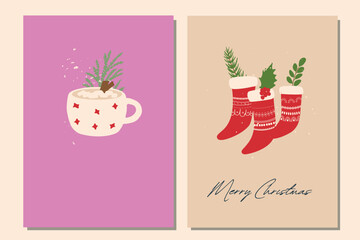Christmas postcard template. Cocoa, pine branches, floral, red socks. Set of Christmas and Happy New Year Card templates. 