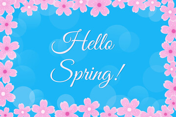 Fototapeta na wymiar Hello spring blue background with sakura flowers