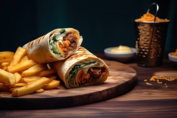  side view doner with grilled chicken greens lettuce tomato and french fries on the table
