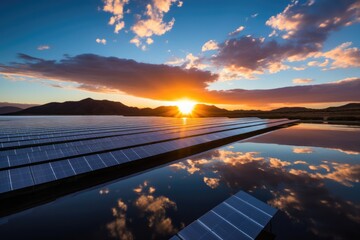 A vast array of solar panels picks up the colourful reflection of a beautiful sunset 