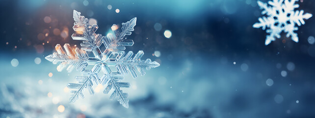 Cristal snowflakes on snow - Christmas and Winter background - Natural snowdrift close up with abstract blue lighting blurred background