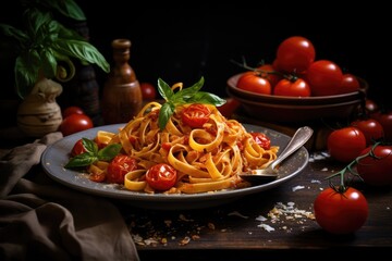  pasta spaghetti with shrimps and tomato sauce served on plate on dark surface. closeup.