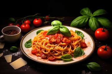  pasta spaghetti with shrimps and tomato sauce served on plate on dark surface. closeup.