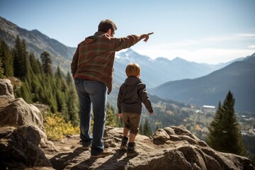 Father and son pause at edge of trail, mountainside  - obrazy, fototapety, plakaty