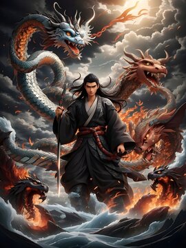 High-quality artwork depicting this fierce battle of Japanese mythology is super detailed