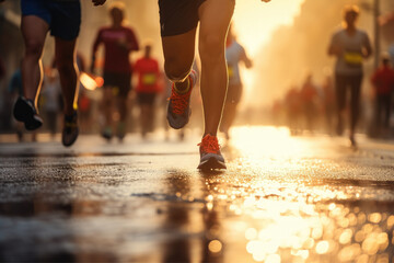Marathon running in the light of evening, running on city road detail on legs, Athletes - obrazy, fototapety, plakaty