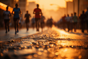 Marathon running in the light of evening, running on city road detail on legs, Athletes