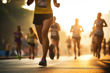 Marathon running in the light of evening, running on city road detail on legs, Athletes - obrazy, fototapety, plakaty