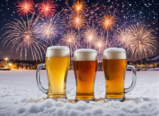 Beer glass in snow with fireworks and copy space	