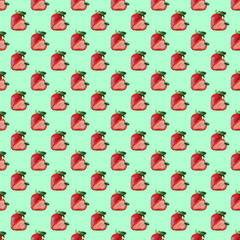 Seamless Pattern of Fresh Strawberry Whole Fruit and Cross Section Created Heart Shape on Mint Green Background
