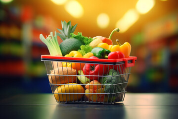 Shopping basket with fresh fruits and vegetables on blurred supermarket background.