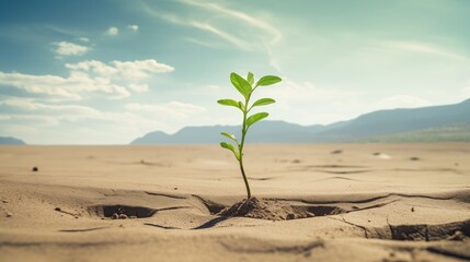 Lonely green sprout growing in the desert against blue sky and dry sand background for environment protection and global warming ecology concept