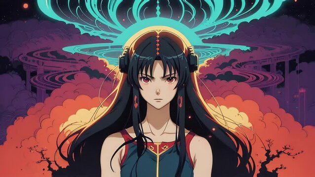 Anime warrior girl with long dark hair , surrounded by a halo of blue light against an orange purple background. Cartoon fantasy style. Stop motion style. Zoom out. Horizontal format