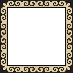 Vector golden with black Square Kazakh national ornament. Ethnic pattern of the peoples of the Great Steppe, Mongols, Kyrgyz, Kalmyks, Buryats. Square frame border..