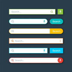 Colorful search bar templates. Internet browser engine with search box, address bar and text field. UI design, website interface element with web icons and push button. Vector illustration