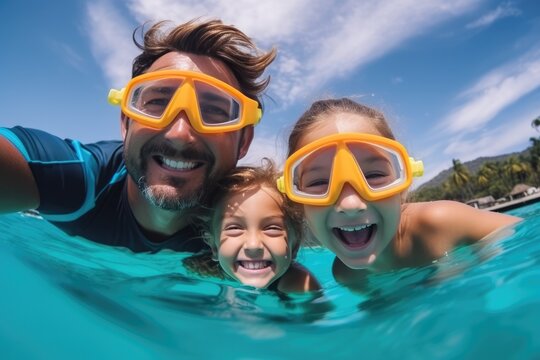 Medium shot portrait of smiling family on snorkeling tour in tropical ocean while on vacation 
