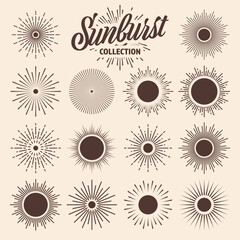 Vintage sunburst, sunset beams collection. Hand drawn bursting sun, light rays. Logotype or lettering design element in retro style. Vector illustration