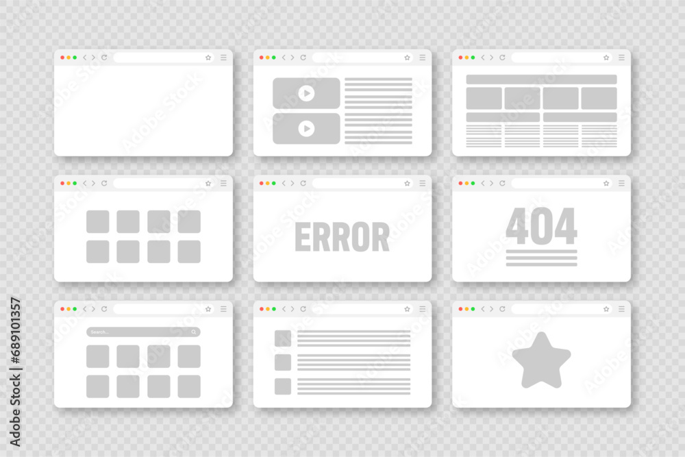 Fototapete Web browser window, pages layout with toolbar and search field. Modern website, internet page in flat style. Browser mockup for computer, tablet and smartphone. Adaptive UI. Vector illustration