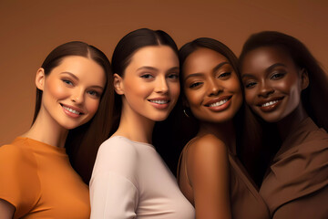 Obraz premium Beauty Portrait of positive diversity young female models hugging portrait for inclusivity, happiness and healthy skin texture on dark brown background. Wellness, Spa, Cosmetology, Skincare Concept.