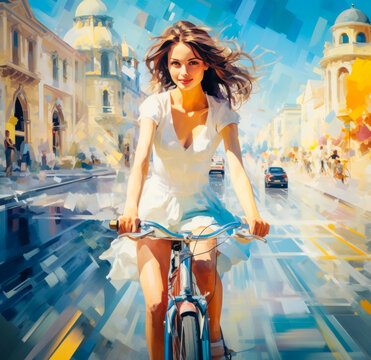 Capture the essence of pure joy with this vibrant painting – a lovely young woman on her bike, coasting along a colorful, charming street. Generated AI