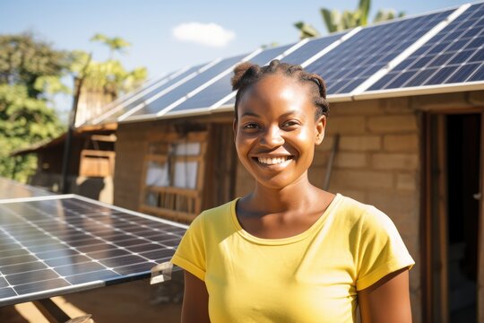 Portrait Of Young Woman With Solar Panel Standing In Front Of Her Small House. 