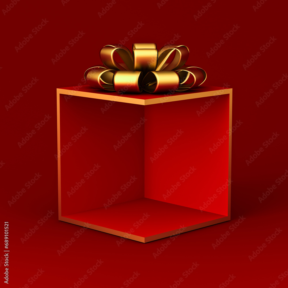 Aufkleber Blank red display corner gift box mockup products showcase stand with gold ribbon bow isolated on dark red background minimal conceptual 3D rendering