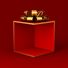 Blank red display corner gift box mockup products showcase stand with gold ribbon bow isolated on dark red background minimal conceptual 3D rendering